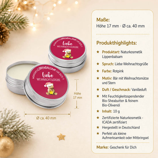 Lippenbalsam Liebe Weihnachtsgrüße Bär – Highlights, Höhe 17 mm Ø 40 mm, Vanilleduft, ICADA, 10 g