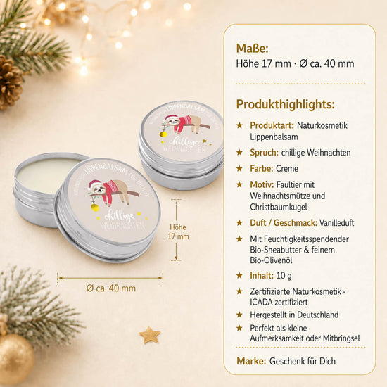 Lippenbalsam chillige Weihnachten Faultier – Highlights, Höhe 17 mm Ø 40 mm, Vanilleduft, ICADA, 10 g