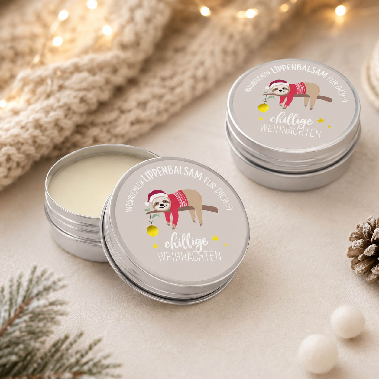 Lippenbalsam chillige Weihnachten Faultier stimmungsvoll mit Weihnachtsdeko – Geschenk für Dich