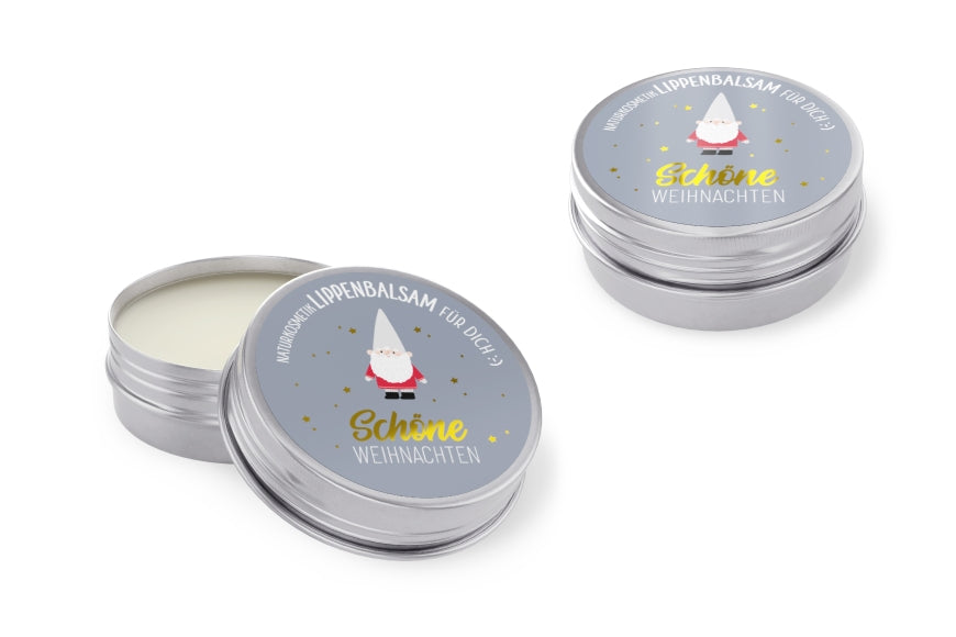 Naturkosmetik Lippenbalsam Schöne Weihnachten mit Wichtel-Motiv, blaugrauer Deckel, 10 g – Geschenk für Dich
