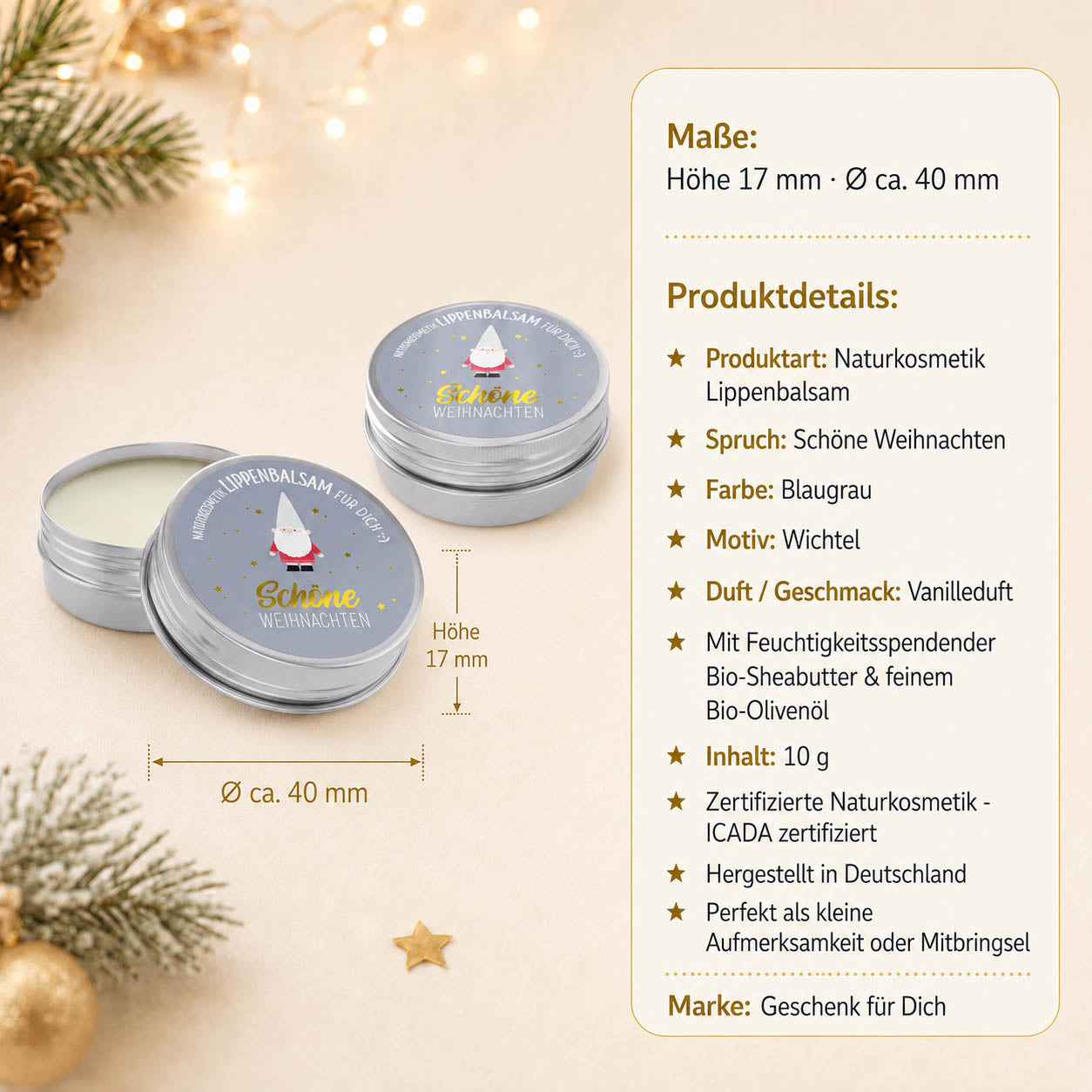 Lippenbalsam Schöne Weihnachten Wichtel – Highlights, Höhe 17 mm Ø 40 mm, Vanilleduft, ICADA, 10 g
