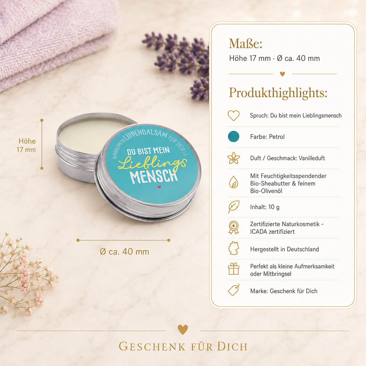Naturkosmetik Lippenbalsam „Du bist mein Lieblingsmensch“ Petrol – Geschenk für Dich (Highlight)