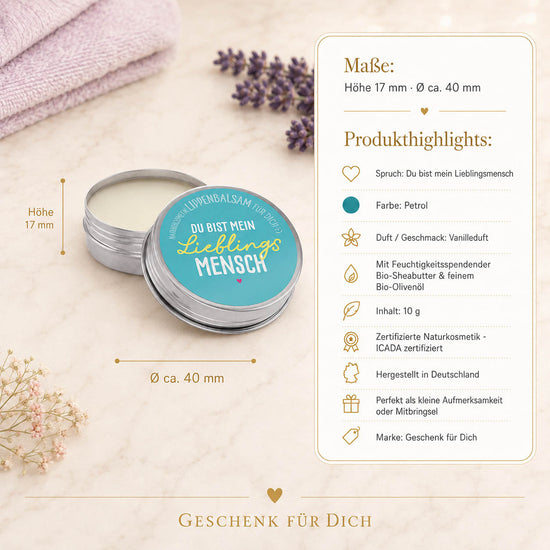 Naturkosmetik Lippenbalsam „Du bist mein Lieblingsmensch“ Petrol – Geschenk für Dich (Highlight)
