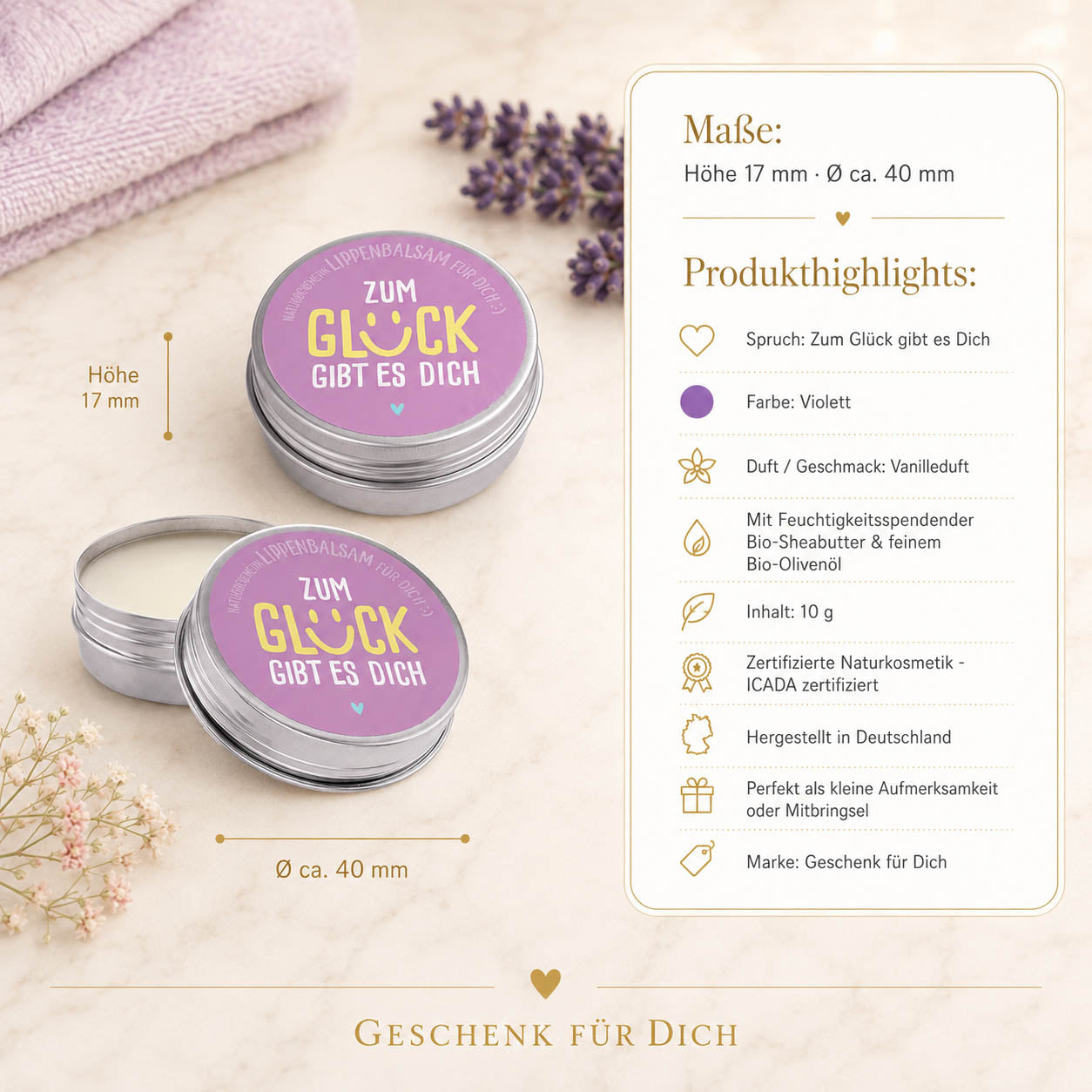 Naturkosmetik Lippenbalsam „Zum Glück gibt es Dich“ Violett – Geschenk für Dich (Highlight)