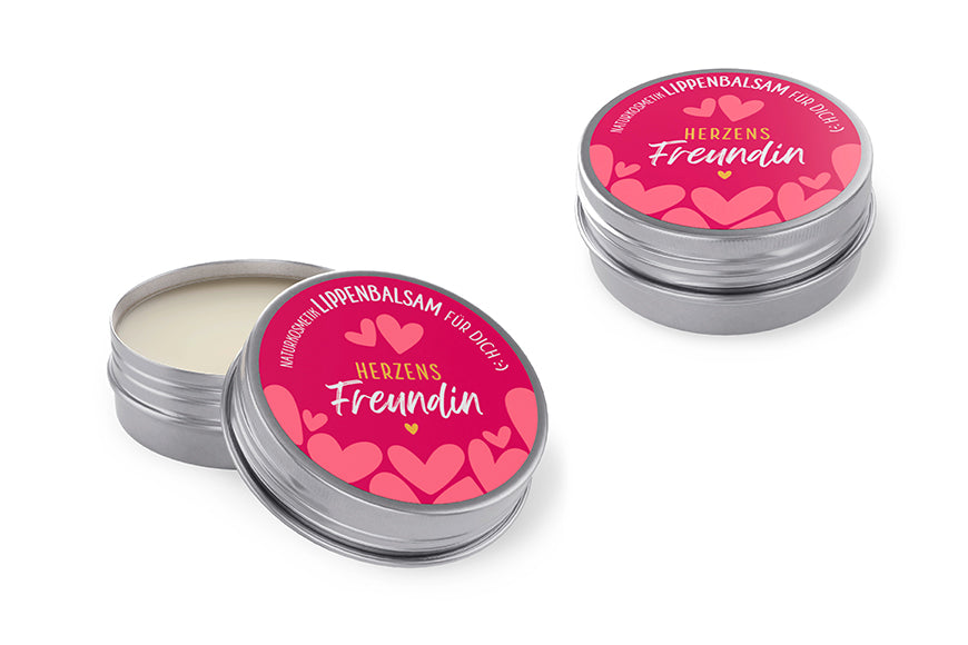 Naturkosmetik Lippenbalsam „Herzens Freundin“ in Metalldose mit Herz-Design von Geschenk für Dich