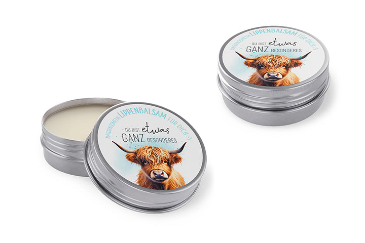 Naturkosmetik Lippenbalsam mit Hochlandrind-Motiv und Spruch „Du bist etwas ganz Besonderes“ von Geschenk für Dich