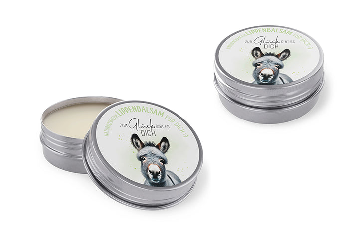 Naturkosmetik Lippenbalsam mit Esel-Motiv und Spruch „Zum Glück gibt es Dich“ von Geschenk für Dich