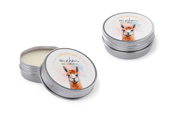 Naturkosmetik Lippenbalsam mit Alpaka-Motiv und Spruch „Voll schön, dass es Dich gibt“ von Geschenk für Dich
