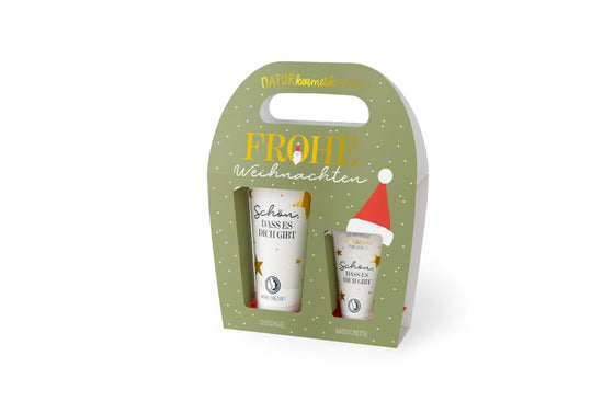 Naturkosmetik-Set „Frohe Weihnachten“ – Duschgel &amp; Handcreme in grüner Wichtel-Geschenkverpackung