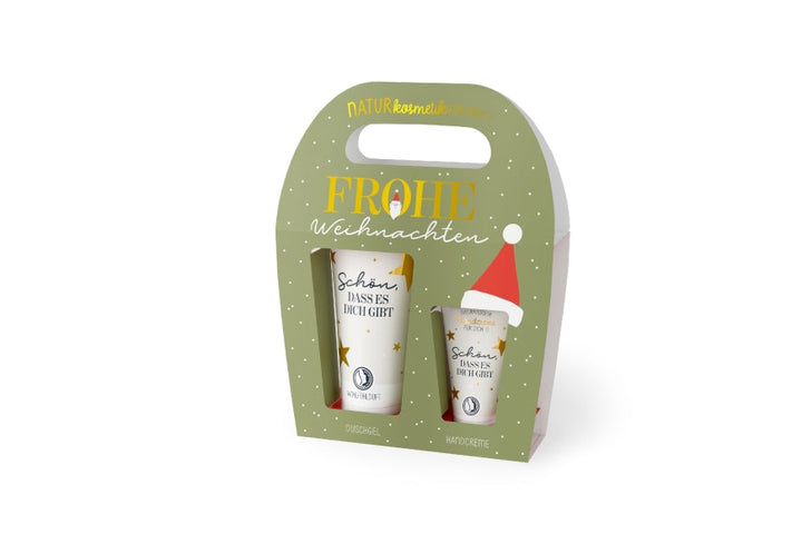 Naturkosmetik-Set „Frohe Weihnachten“ – Duschgel &amp; Handcreme in grüner Wichtel-Geschenkverpackung