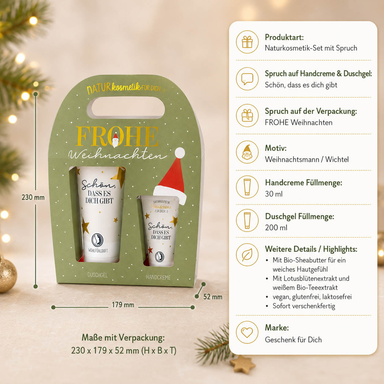 Naturkosmetik-Set „Frohe Weihnachten“ – Highlights: Duschgel 200 ml, Handcreme 30 ml, Naturkosmetik, vegan