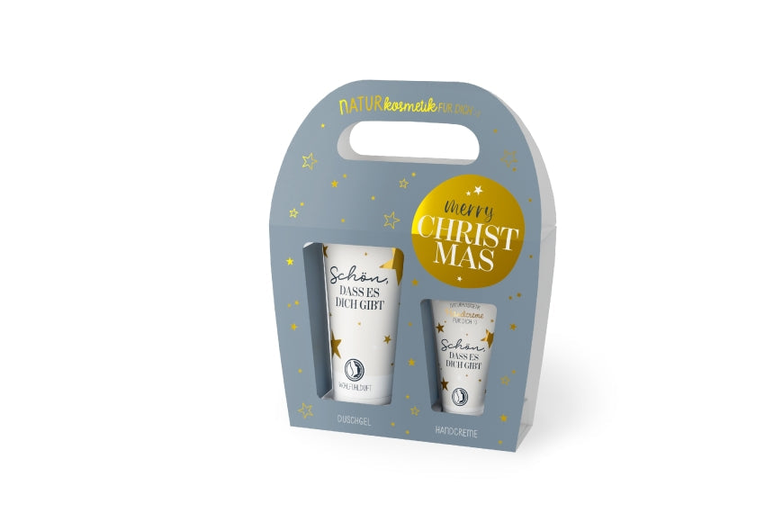 Naturkosmetik-Set „Merry Christmas“ – Duschgel &amp; Handcreme in graublauer Sterne-Geschenkverpackung