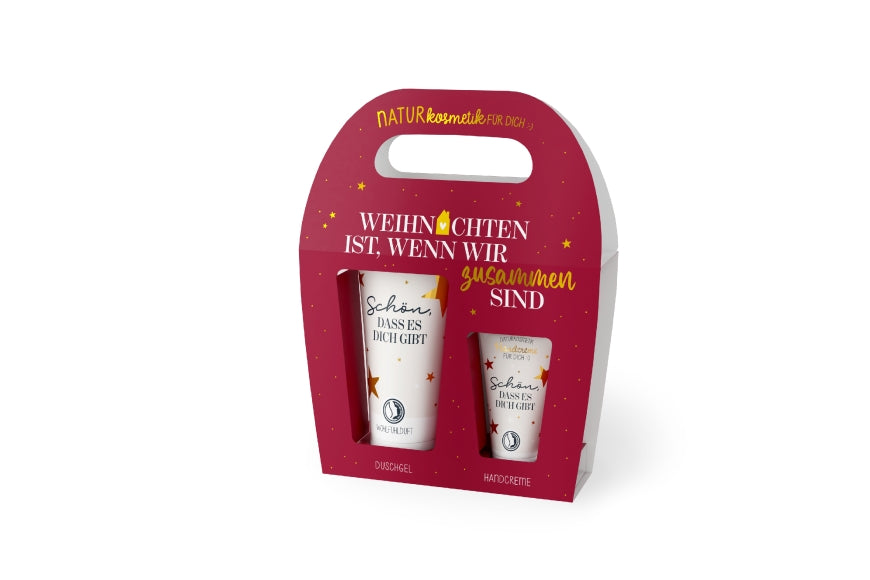 Naturkosmetik-Set „Weihnachten ist, wenn wir zusammen sind“ – Duschgel &amp; Handcreme in bordeauxroter Sterne-Geschenkverpackung