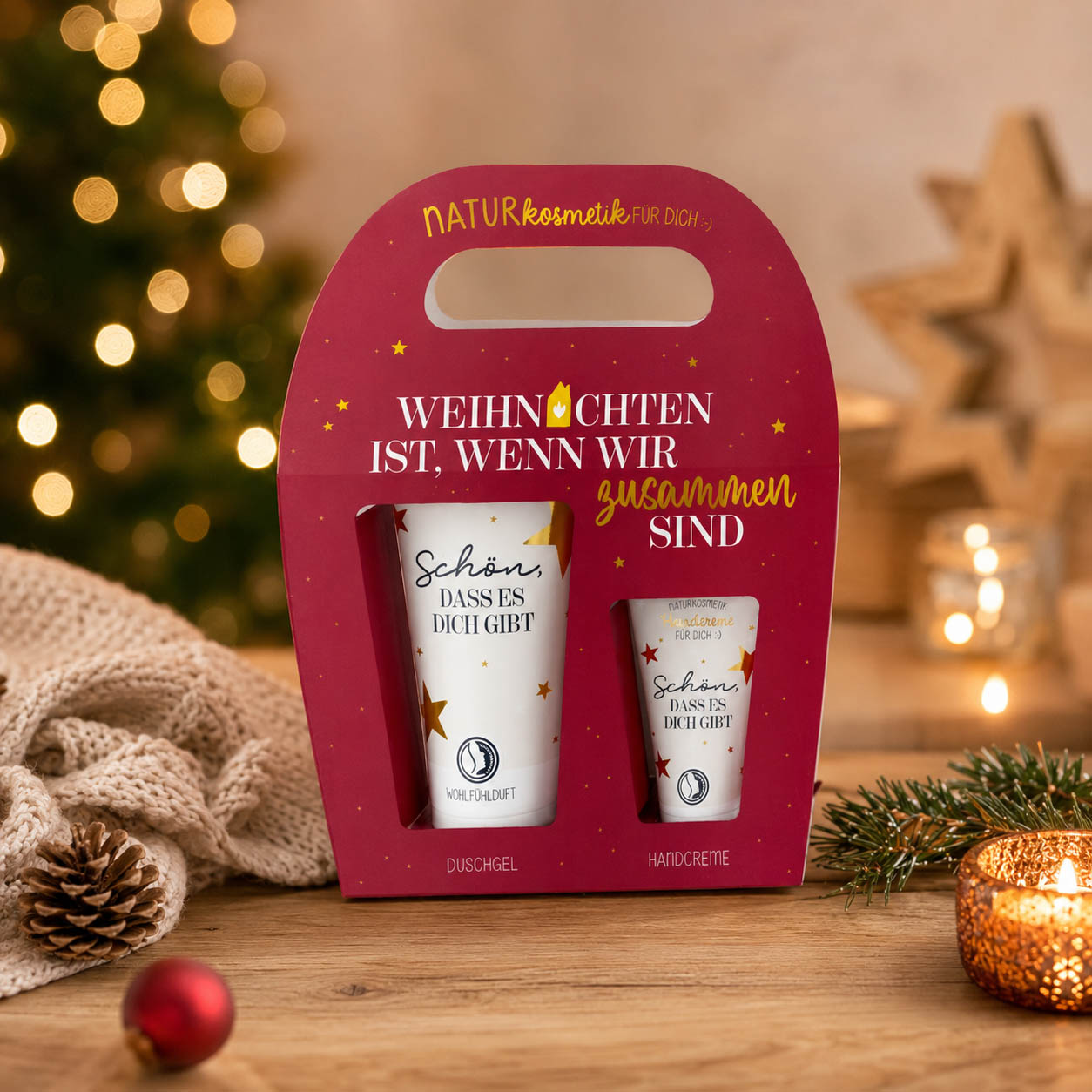 Naturkosmetik-Set „Weihnachten ist, wenn wir zusammen sind“ – Stimmungsbild im weihnachtlichen Ambiente