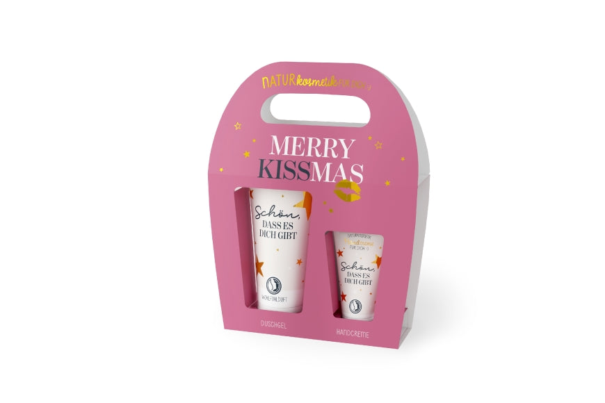 Merry Kissmas Naturkosmetik-Set Schön dass es Dich gibt – Duschgel 200 ml + Handcreme 30 ml in rosa Verpackung mit goldenem Kussmund