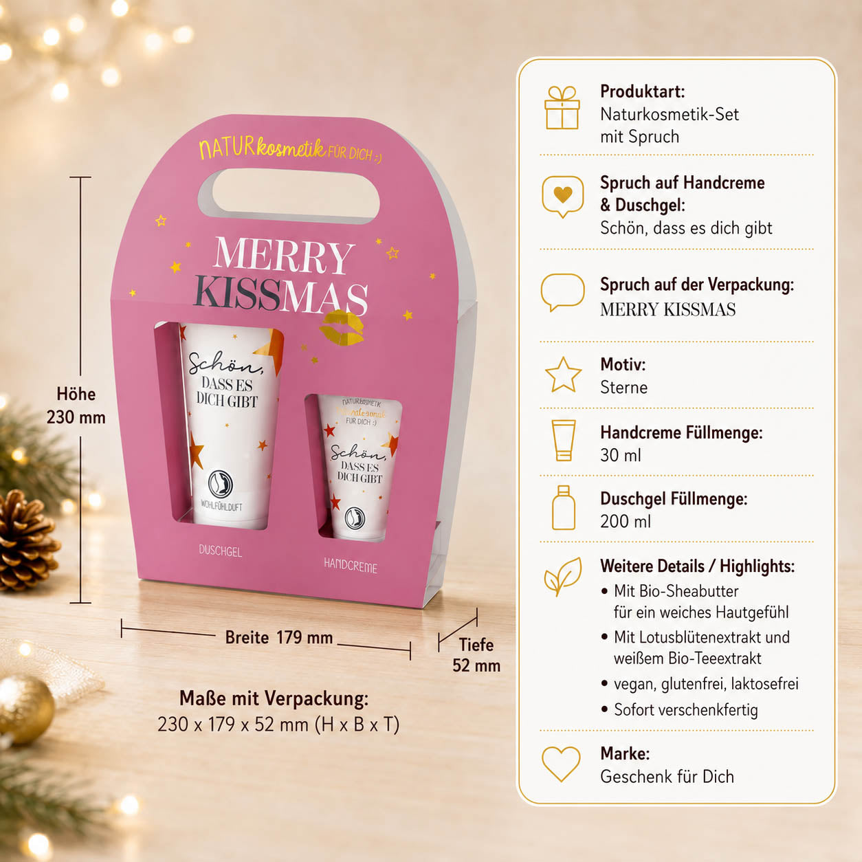 Merry Kissmas Naturkosmetik-Set – Produkthighlights, Duschgel 200 ml + Handcreme 30 ml, vegan