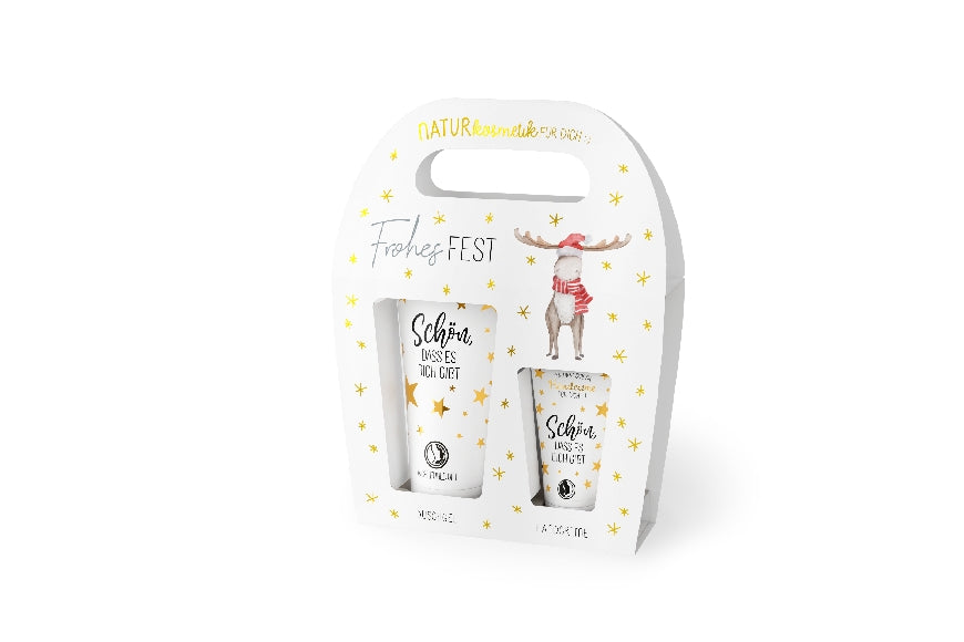Naturkosmetikset Frohes Fest mit Duschgel & Handcreme. Vegan & zertifiziert. Mit süßem Weihnachts-Elch – liebevolle Geschenkidee von Geschenk für Dich