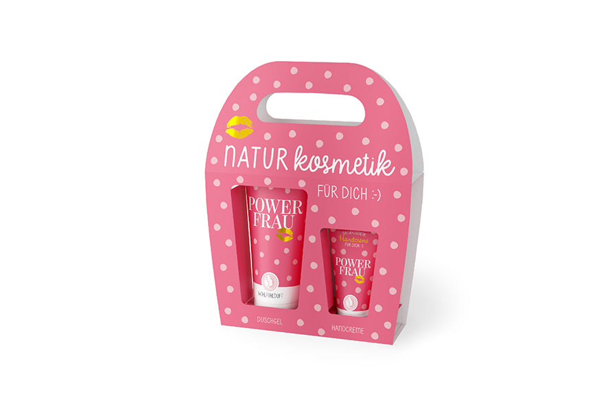 129712  Geschenk für Dich Naturkosmetik Duschgel und Handcreme mit Aufschrift Power Frau