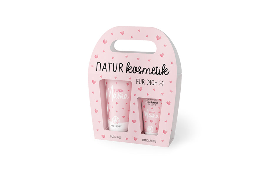 129736  Geschenk für Dich Naturkosmetik Duschgel und Handcreme mit Aufschrift Super Mama