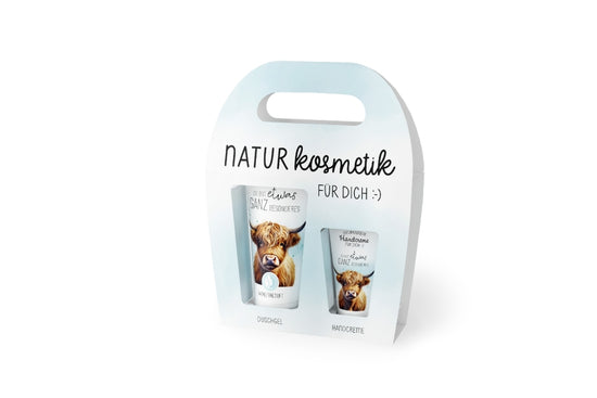 Naturkosmetik-Set „Du bist etwas ganz Besonderes“ Duschgel 200 ml + Handcreme 30 ml | vegan, gluten- &amp; laktosefrei, NATRUE zertifiziert. Mit süßem Hochlandrind-Motiv