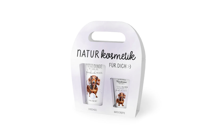 Naturkosmetik-Set „Es sind die kleinen Dinge im Leben, die uns glücklich machen“ mit Dackel Motiv von Geschenk für Dich