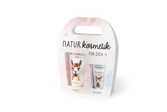 Geschenk für Dich Naturkosmetik-Set mit Alpaka-Motiv und Aufschrift „Voll schön, dass es Dich gibt“
Duschgel + Handcreme, vegan & zertifiziert