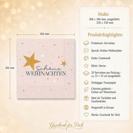 Infografik Servietten Schöne Weihnachten Cremeweiß auf festlich gedecktem Weihnachtstisch – Geschenk für Dich