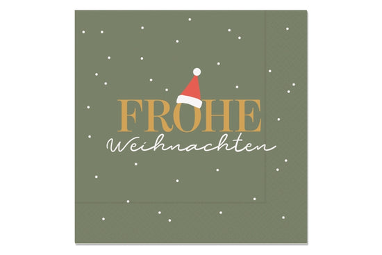 Serviette mit Spruch Frohe Weihnachten in Salbeigrün mit Weihnachtsmütze und Schneepunkten, 33x33 cm – Geschenk für Dich