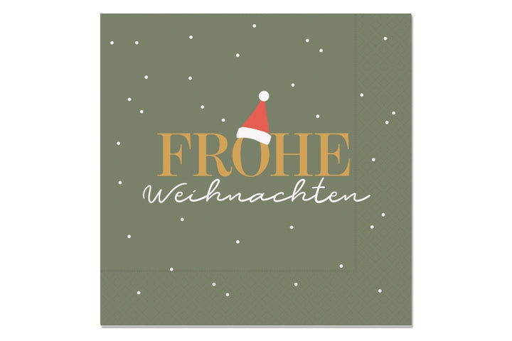 Serviette mit Spruch Frohe Weihnachten in Salbeigrün mit Weihnachtsmütze und Schneepunkten, 33x33 cm – Geschenk für Dich