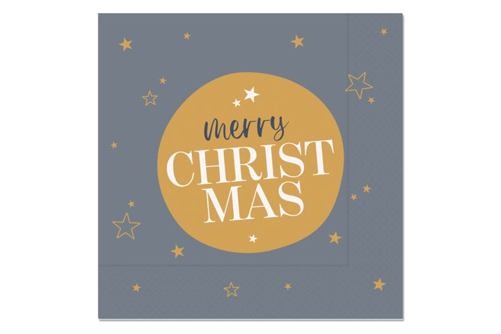 Serviette mit Spruch Merry Christmas in Blaugrau mit goldenem Kreis und Sternen, 33x33 cm – Geschenk für Dich