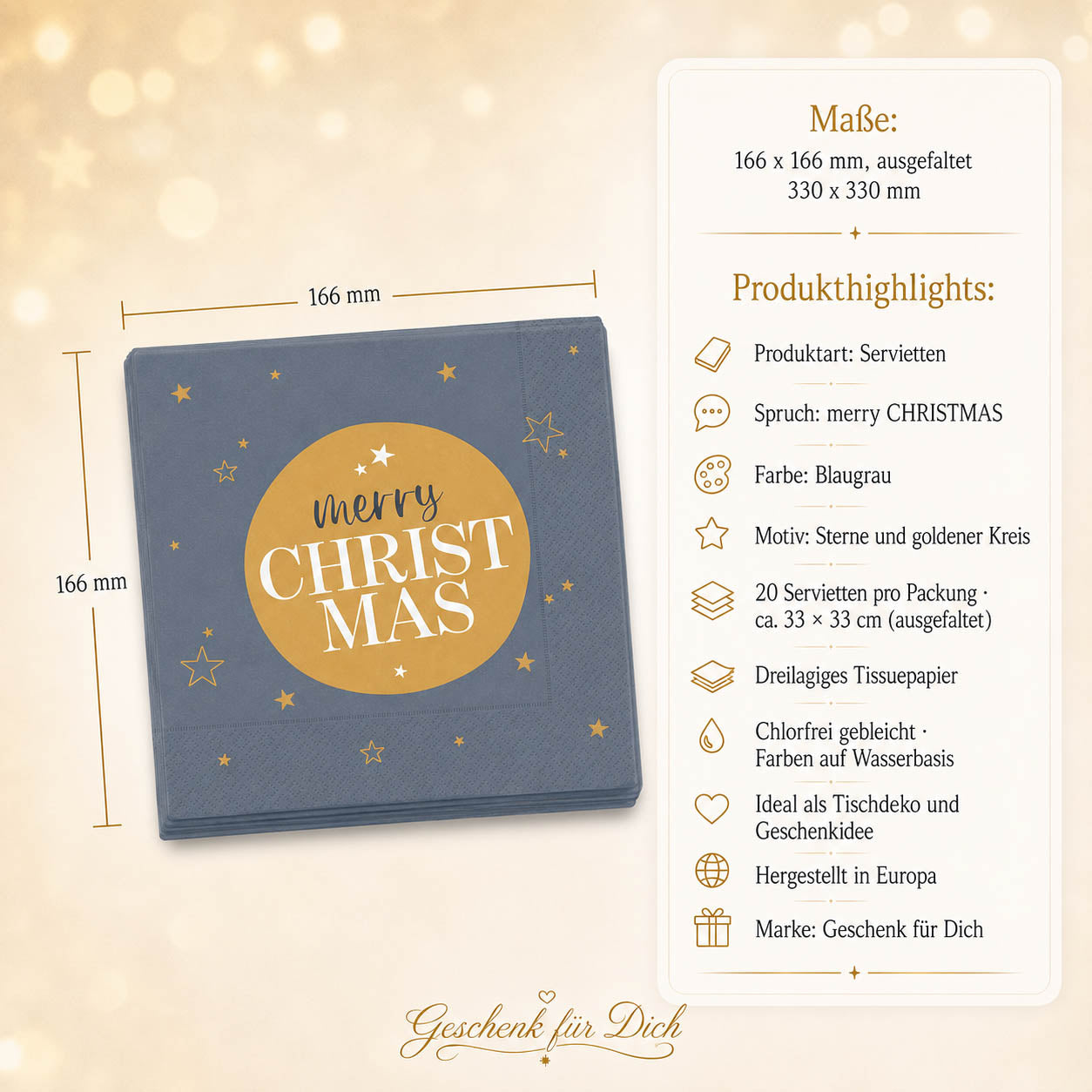 Servietten Merry Christmas – Maße und Produkthighlights, 20 Stück, 33x33 cm, 3-lagig