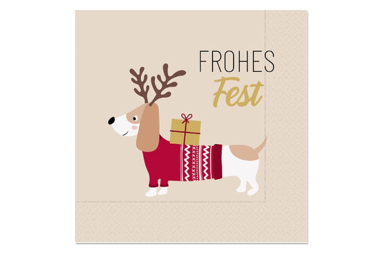 Servietten mit Aufschrift Frohes Fest und süßem Weihnachts-Dackel Motiv von Geschenk für Dich