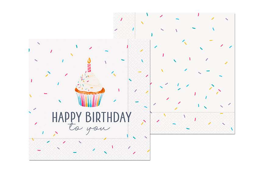 Servietten „Happy Birthday to you“ von Geschenk für Dich – weiße 3-lagige Servietten mit Törtchen-, Kerzen- & Konfetti-Motiv