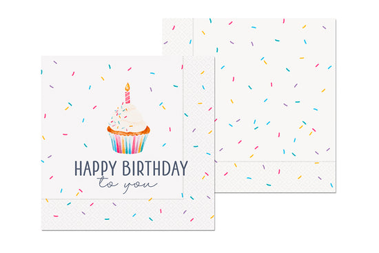 Servietten „Happy Birthday to you“ von Geschenk für Dich – weiße 3-lagige Servietten mit Törtchen-, Kerzen- & Konfetti-Motiv