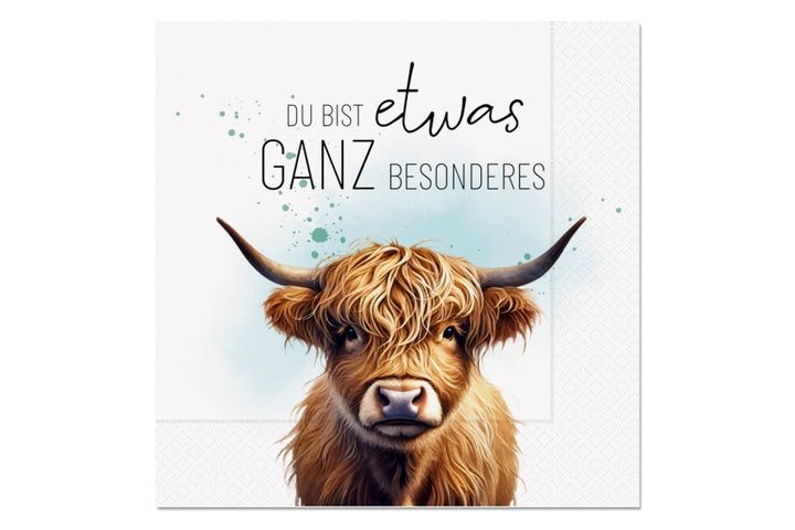 Servietten mit Hochlandrind-Motiv und liebevollem Spruch „Du bist etwas ganz Besonderes“ von Geschenk für Dich