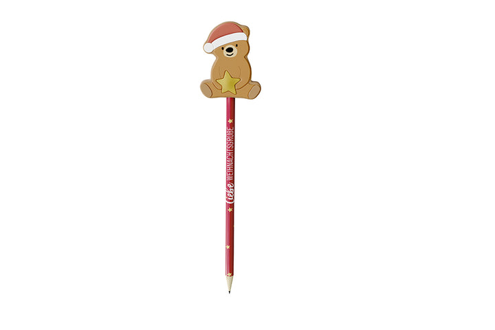 Bleistift mit Aufschrift „Liebe Weihnachtsgrüße“ und weihnachtlichen Bär als Topper von Geschenk für Dich