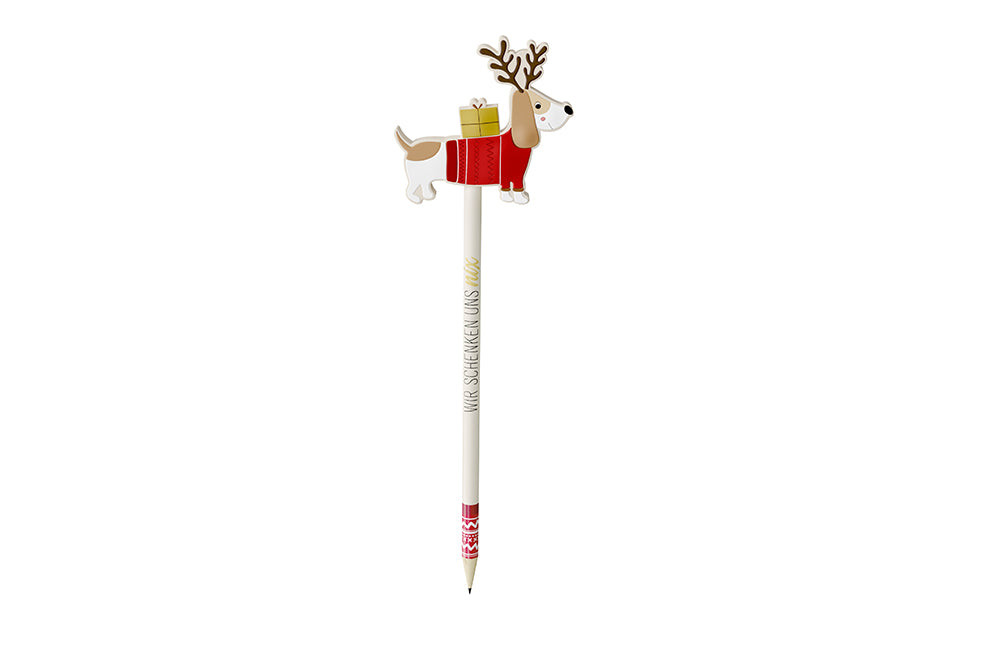 Bleistift mit Aufschrift Wir schenken uns nix und süßem weihnachtlichen Dackel als Topper von Geschenk für Dich
