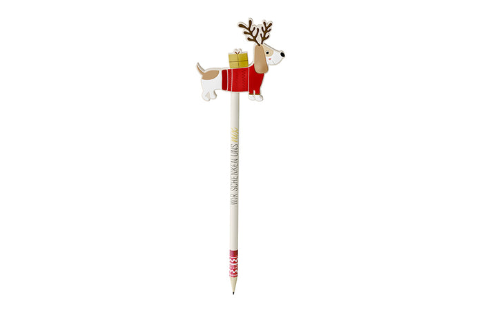 Bleistift mit Aufschrift Wir schenken uns nix und süßem weihnachtlichen Dackel als Topper von Geschenk für Dich
