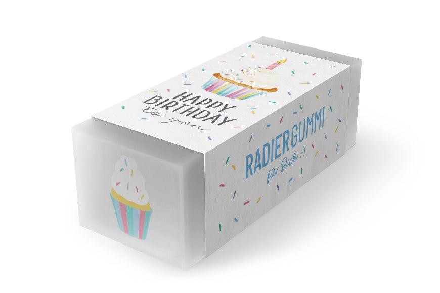 Radiergummi „Happy Birthday to you“ von Geschenk für Dich – fröhlicher Radierer mit Törtchen-, Kerzen- & Konfetti-Motiv. 