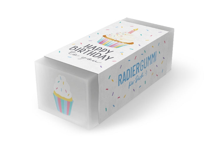 Radiergummi „Happy Birthday to you“ von Geschenk für Dich – fröhlicher Radierer mit Törtchen-, Kerzen- & Konfetti-Motiv. 