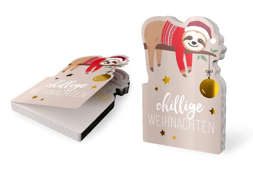 Geschenk für Dich Notizblock mit Aufschrift Chillige Weihnachten und süßen weihnachtlichen Faultier Motiv