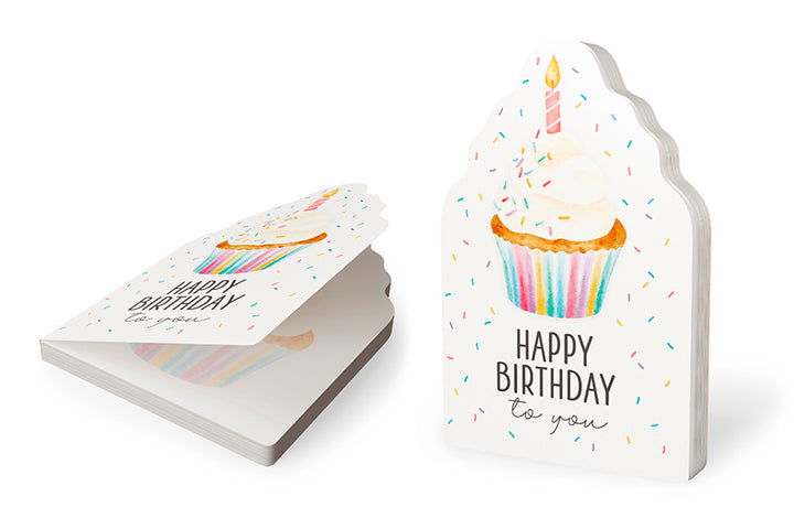 Notizblock Törtchen „Happy Birthday to you“ von Geschenk für Dich – weißer Notizblock in Törtchenform mit Törtchen-, Kerzen- &amp; Konfetti-Motiv.