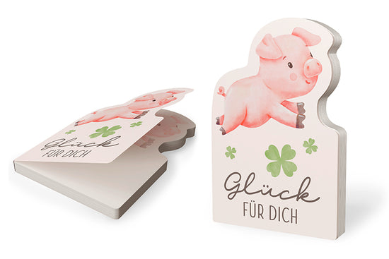 Notizblock „Glück für Dich“ von Geschenk für Dich – fröhlicher Notizblock mit Glücksschweinchen & Kleeblattmotiv. 90 bedruckte Seiten