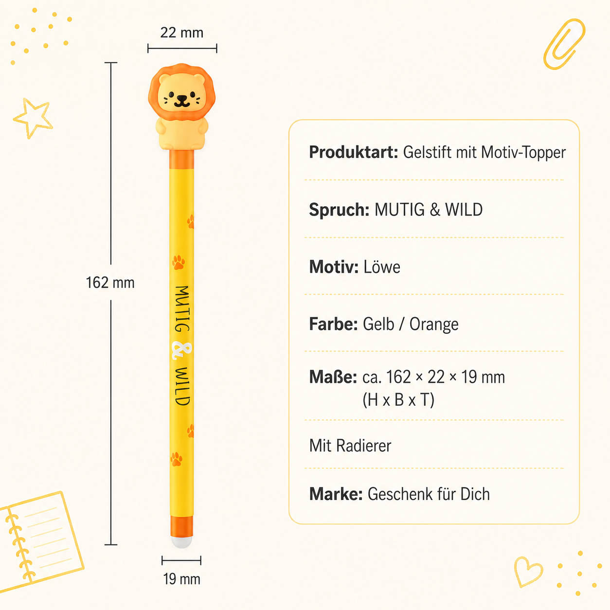 Gelstift Löwe »Mutig & wild« – Produkt-Highlights, radierbar