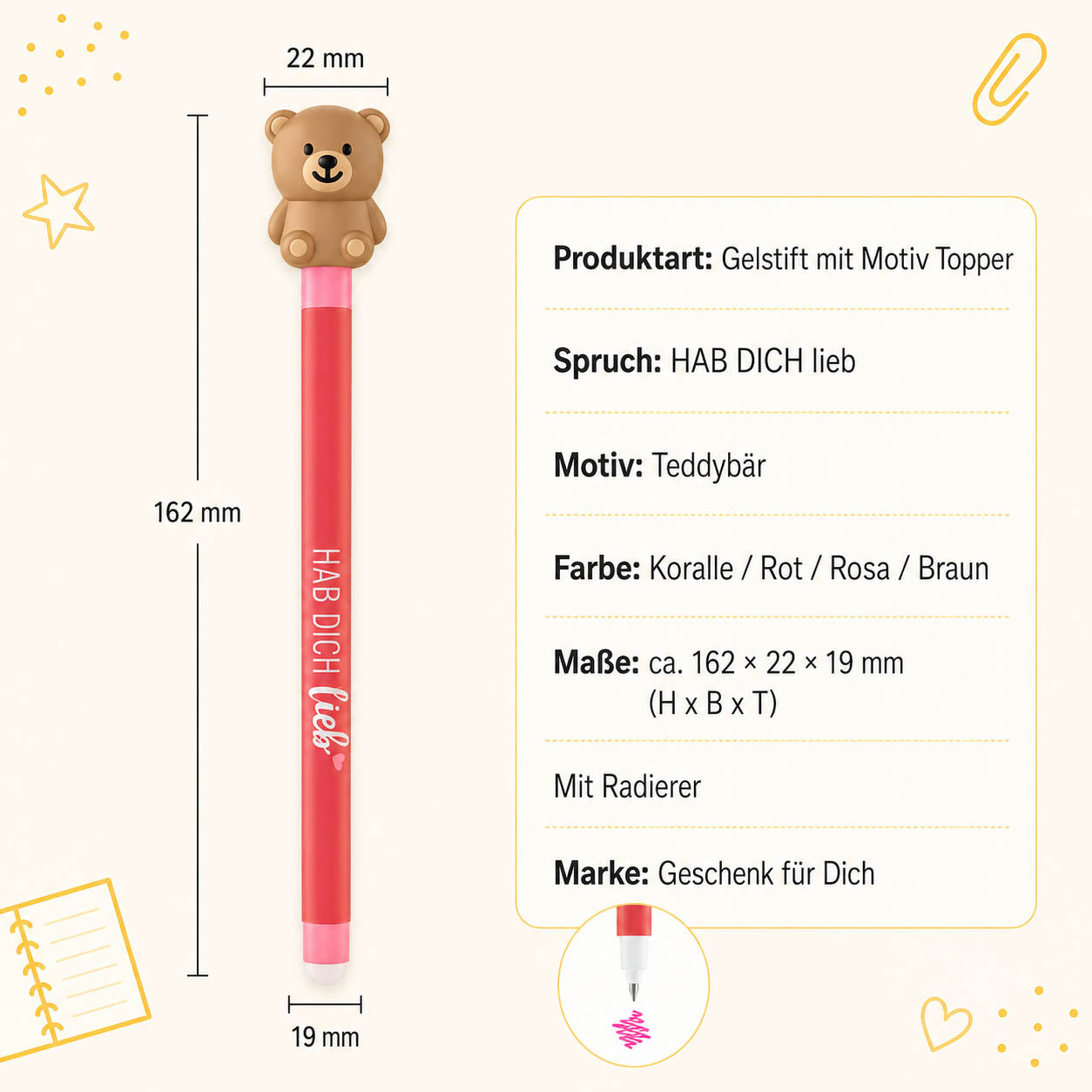 Gelstift Teddy »Hab dich lieb« – Produkt-Highlights, radierbar
