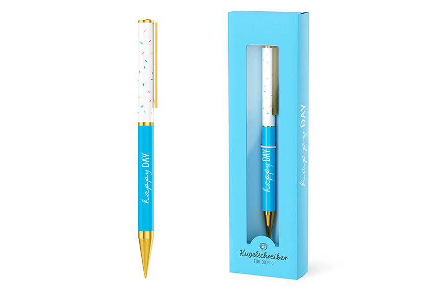 Kugelschreiber „Happy Day“ mit Konfetti-Optik, blauem Schaft und goldenen Details von Geschenk für Dich