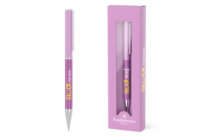 Kugelschreiber „Zum Glück gibt es Dich“ Violett Edelstahl – Geschenk für Dich