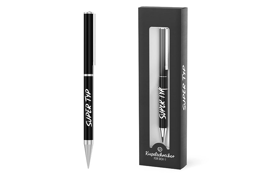 Kugelschreiber „Super Typ“ in Schwarz mit weißem Schriftzug, Edelstahlgehäuse in Geschenkverpackung von Geschenk für Dich