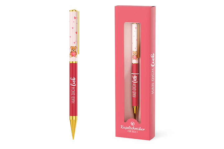 Kugelschreiber „Hab Dich lieb“ in Rosa & Pink mit Teddy-Motiv, goldfarbenen Details von Geschenk für Dich