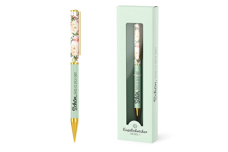 Kugelschreiber „Schön, dass es Dich gibt“ in Weiß & Mintgrün mit Blumenstrauß-Motiv von Geschenk für Dich
